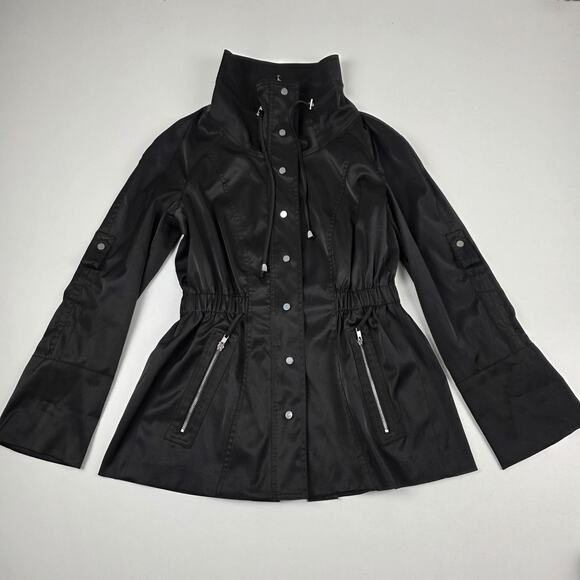 Cache Jacket Womens Medium Black Funnel Collar Drawstring Zip Pockets Snap Front - Picture 1 of 11